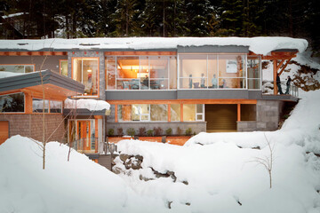 Exterior View of People inside Alpine Home in Winter, Whistler, British Columbia, Canada