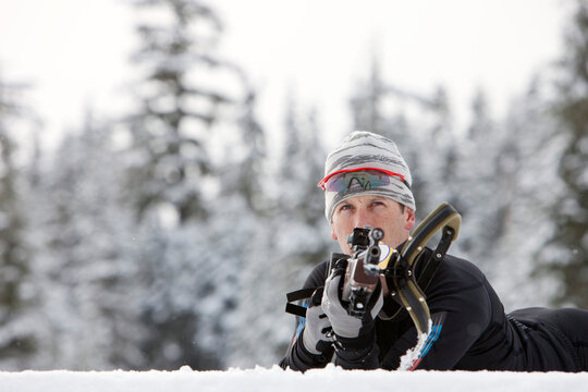 Close-up of Male Biathlon Athlete, Target Shooting, Whistler, British Columbia, Canada