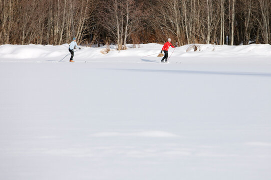 Couple Cross Country Skiing, Whistler, British Columbia, Canada