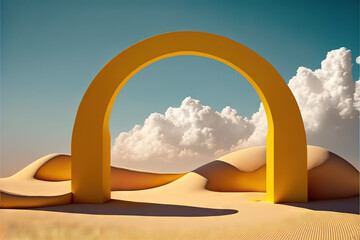 3d render. Surreal desert landscape. Yellow square portals on sunny day. Modern minimal abstract background