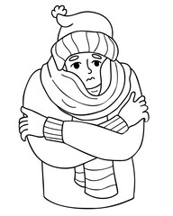Frozen, sick and wrapped in scarf man shivering. vector illustration. linear doodle. Winter season and suffering of low minus degrees temperature.