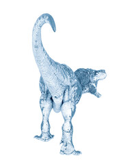 tyrannosaurus rex is walking like a king in white background rear view