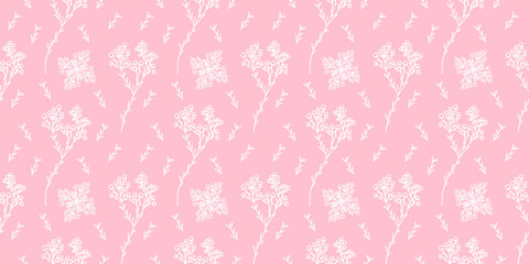 Botanical vector seamless pattern floral repeat background garden flowers hand drawn minimalistic style white pink color	
