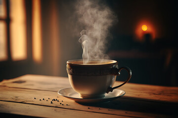coffee cup with steam on wooden table