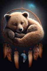 cute brown bear sleeping in a dreamcatcher digital illustration  - obrazy, fototapety, plakaty