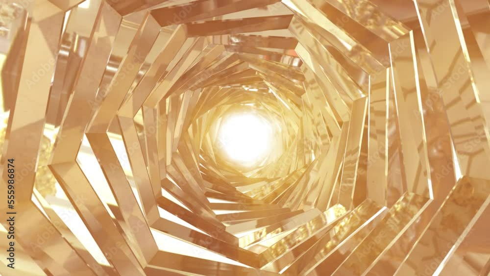 Poster a rotating golden metal tunnel with walls of ribs and lines in the shape of a hexagon with reflectio