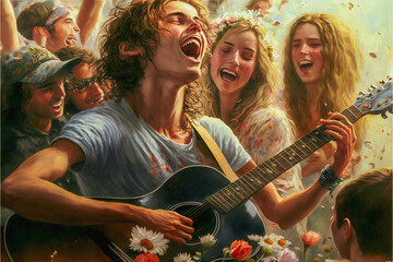 Obraz na płótnie Canvas Young hippie boy and girls singing and playing song on guitar at a flower power festival together. Created with generative AI.
