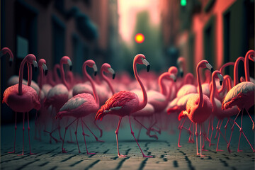 Flock of wild pink flamingo birds walking through an urban city. Created with generative AI