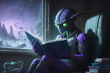 Little purple alien reading a book in space, Created with generative AI