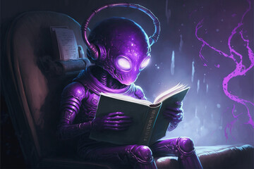 Little purple alien reading a book in space, Created with generative AI