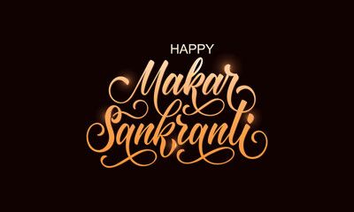 Happy Makar Sankranti handwritten text. Modern brush calligraphy, hand lettering typography.Vector illustration for  flyer, poster, banner, greeting card, invitation template, social media post