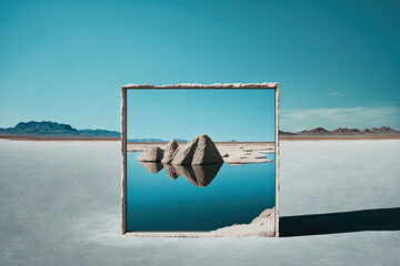 3d render, abstract fantastic panoramic background with round mirror geometric shapes among lakes and rocks.. Landscape under the clear blue sky. Modern minimal aesthetic wallpaper