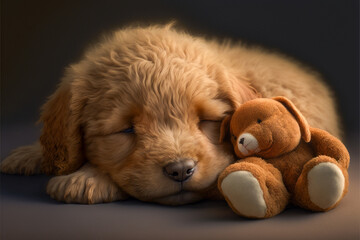 adorable 6 week old baby puppy dog cuddling with a stuffed teddy bear while asleep during a nap. Created with generative AI.