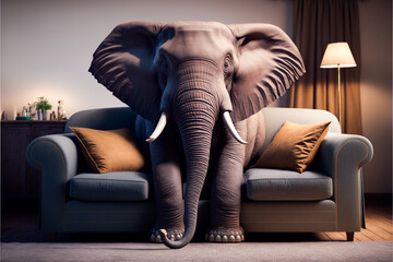 Domesticated elephant sitting on a couch chair in house living room. Created with generative AI.
