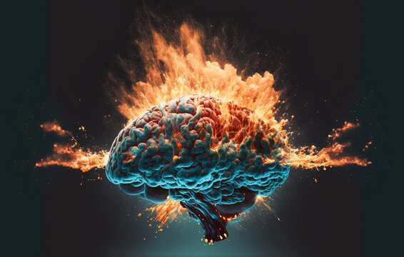 Mind is blown with brain exploding in flames and smoke. Created with generative AI.