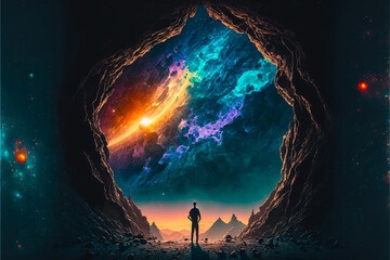 Man looking out through cave portal into an alternate universe. A colorful galaxy seen in the sky with stars and planets. Created with generative AI. 