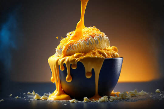 Melting cheese pouting into a bowl of macaroni. Created with generative AI