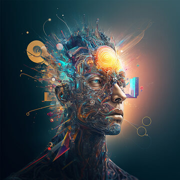 fictional cybernetic man, concept art, metaverse, matrix, virtual reality, internet, cybernetic, 3d, infographic, The power of creativity and ai, generative ai, generative art, 