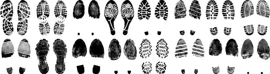 Big set of vector images double men and women footprints stamped with black ink, grunge footsteps