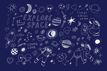 Doodle space cosmonaut vector line illustrations set.