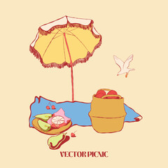 Vector Picnic Fun sandwiches TV, Radio, Champagne, Pizza, Pie, Fruits, Buffet, Relax