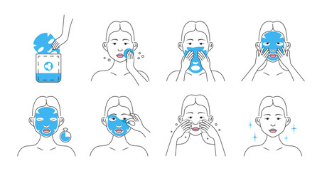 Facial mask sheet applying icon vector. Face skincare, treatment, spa procedure relaxation. Girl shows how to cleaning, whiting face and use cosmetic mask.