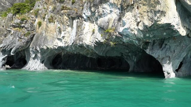 motor boat tourist trip to the marble caves, capillas de marmol, at the lago general carrera along the carretera austral in Chile, Patagonia