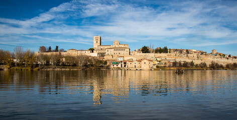 Panoramic view of the monumental city of Zamora and its reflections in the Duero river