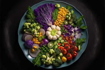 a plate of vegetables is shown on a black background.