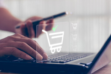 Online shopping concept. shopping order in online store, payment makes a purchase on the Internet, Online payment, Business financial technology. concept on virtual screen with hand typing on keyboard