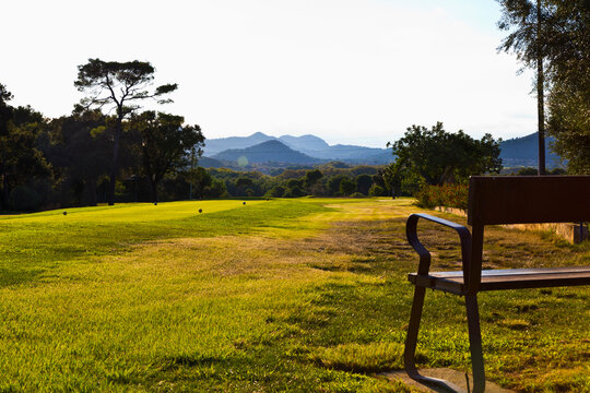 Bench at Golf Course, Son Servera, Majorca, Balearic Islands, Spain