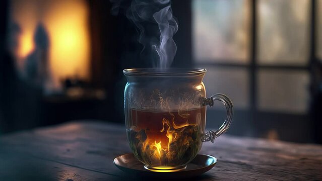 Cinemagraph of glass of tea with steam in cosy room
