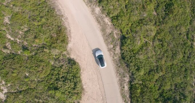 Aerial view of a sport car driving in a woodland, Carmel Forest, Haifa, Israel