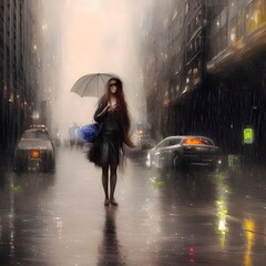 Portrait of a woman in the rain in the city