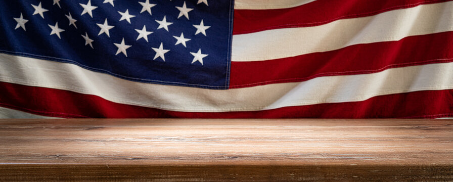 A wooden table on a blurred background of the US flag