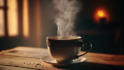 Cinemagraph of brown coffee cup with steam on wooden table 
 - Powered by Adobe