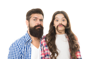 Moustache is under your nose. Father with moustache and beard hair and little daughter with long hair. Bearded man with beard and natural moustache and small girl making fake moustache with her hair