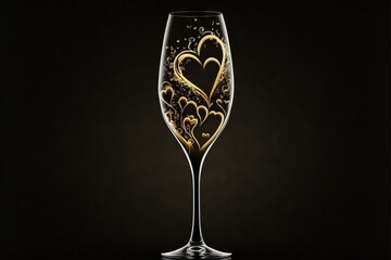 a wine glass with a heart design on it's side and a black background with a black background. Generative AI