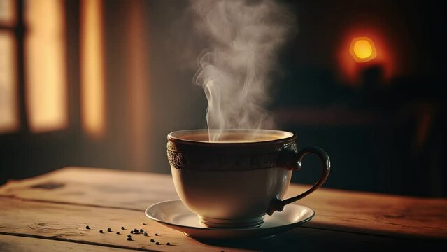Cinemagraph of brown coffee cup with steam on wooden table 
