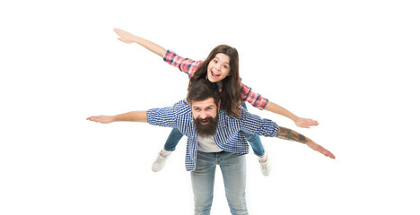 Best father ever. Support and upbringing. Father and daughter play planes. Kid play game fly plane...