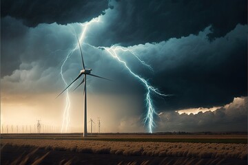 a windmill with a storm in the background and lightning in the sky above it.