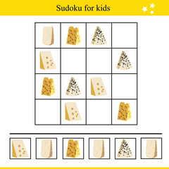 Sudoku for kids with pieces of cheese. Educational game for children. Vector illustration