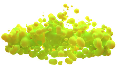 Digital abstract futuristic background of flying, flowing spheres, metaballs.  Green  toxic acid yellow substance slime isolated on white background. Subsurface scattering . Depth of field. 3D render