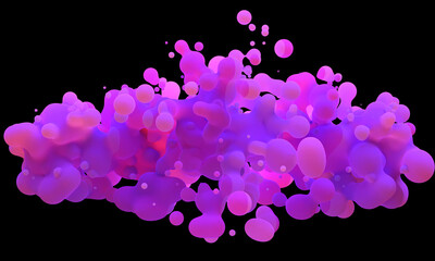 Digital abstract futuristic background of flying, flowing spheres, metaballs.  Purple substance slime isolated on black background. Subsurface scattering . Depth of field. 3D render