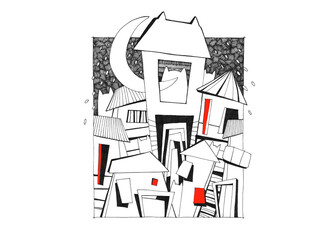 Night illustration poster with cats and houses. Doodle buildings in city. A cartoon style street with cute houses. Fantasy street with  cats silhouette art.