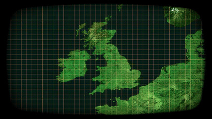 Fototapeta premium Intentional distortion: an old color CRT TV monitor, showing a static satellite view of the UK (United Kingdom) in Europe. Concepts: surveillance, global communications, old-timey spy story. 