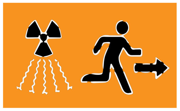 Dirty bomb contaminated zone template or orange sign. Flat vector illustration of a sign warning of ionizing radiation of radioactive waste	
