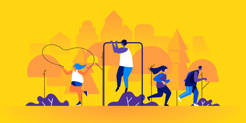 Male and female athletes jogging or running, jumping with rope, performing pull-ups in park. Outdoor sports training, street workout or fitness exercise. Flat illustration.
