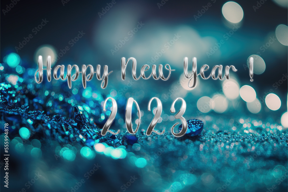 Wall mural Happy new year 2023 with sparkles on blurred bokeh lights background, holiday greeting card