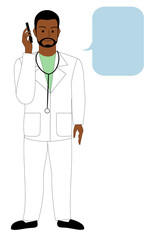 A black male doctor, surgeon, dentist, veterinarian, white background with a cellphone